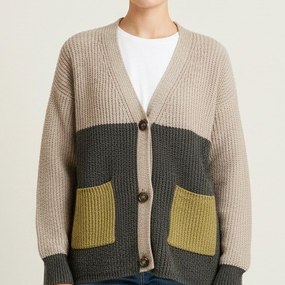 Mystree NWT Chenille Color Block Cardigan Sweater Womens M Gray Green Boho